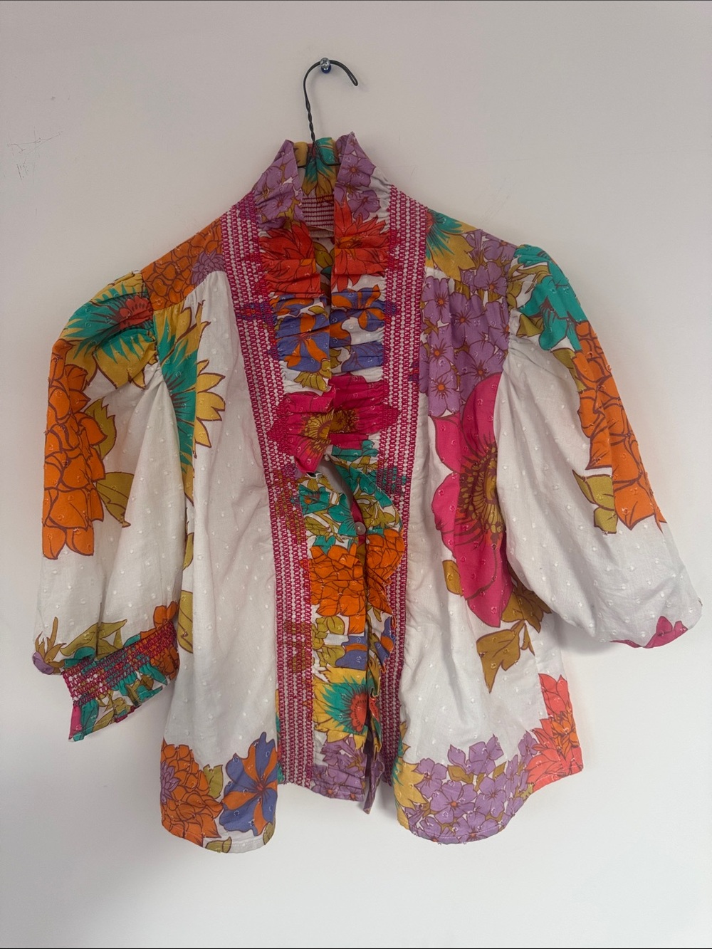 White Floral Puff-Sleeve Blouse with Multicolor Print